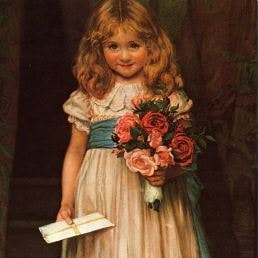 Postcard image of a young girl in a white dress and flower